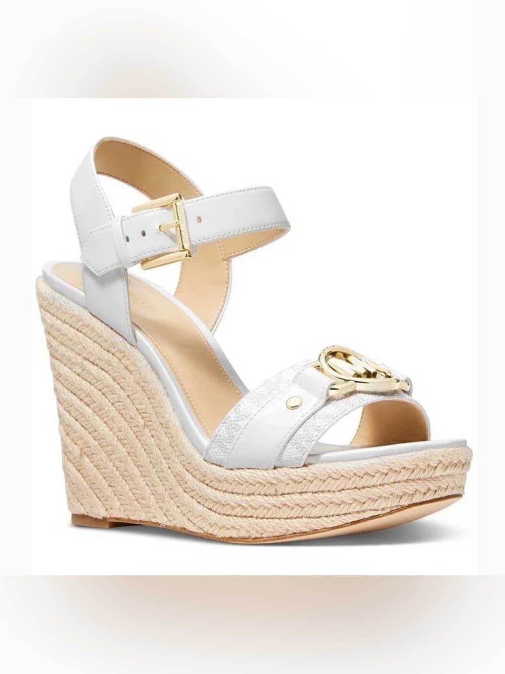 White Leather Espadrille Wedge Sandals with Gold Accent
